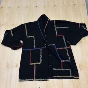 Vintage Cardigan Sweater Womens Medium Black Multicolor Collared Knit